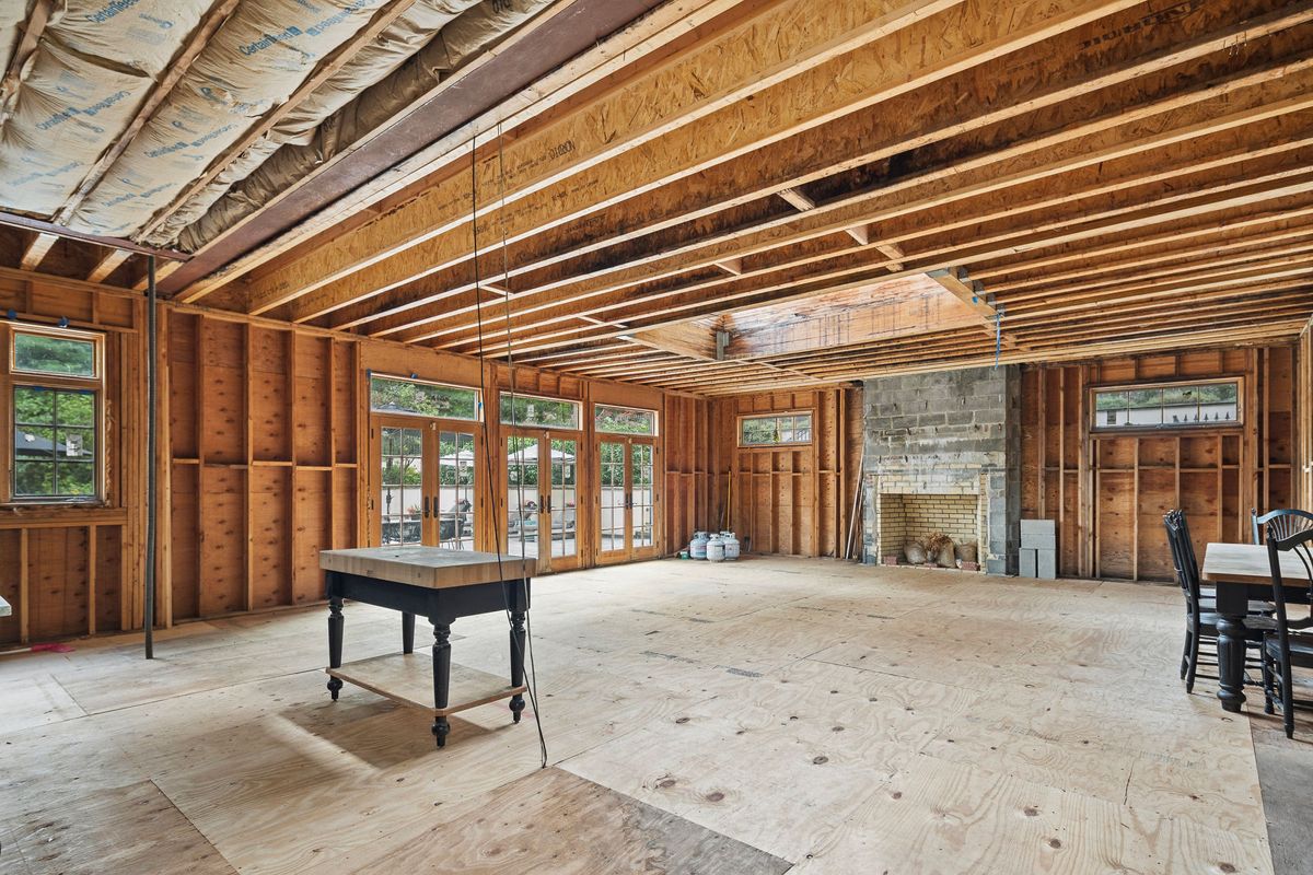 The framed kitchen and family room addition in its current unfinished state at 184 Upper Mountain Avenue