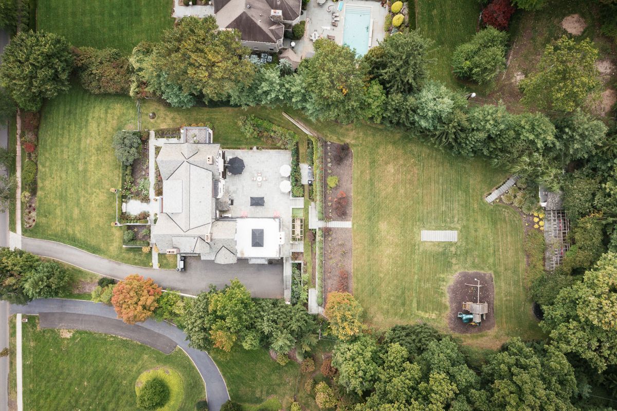 Overhead aerial of the residence and its 1.47 acres of lawns and gardens at 184 Upper Mountain Avenue