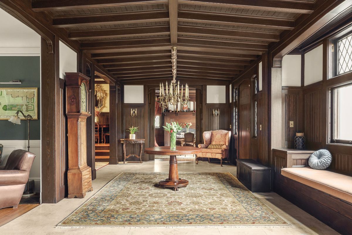 The full length of the paneled hall at 184 Upper Mountain Avenue