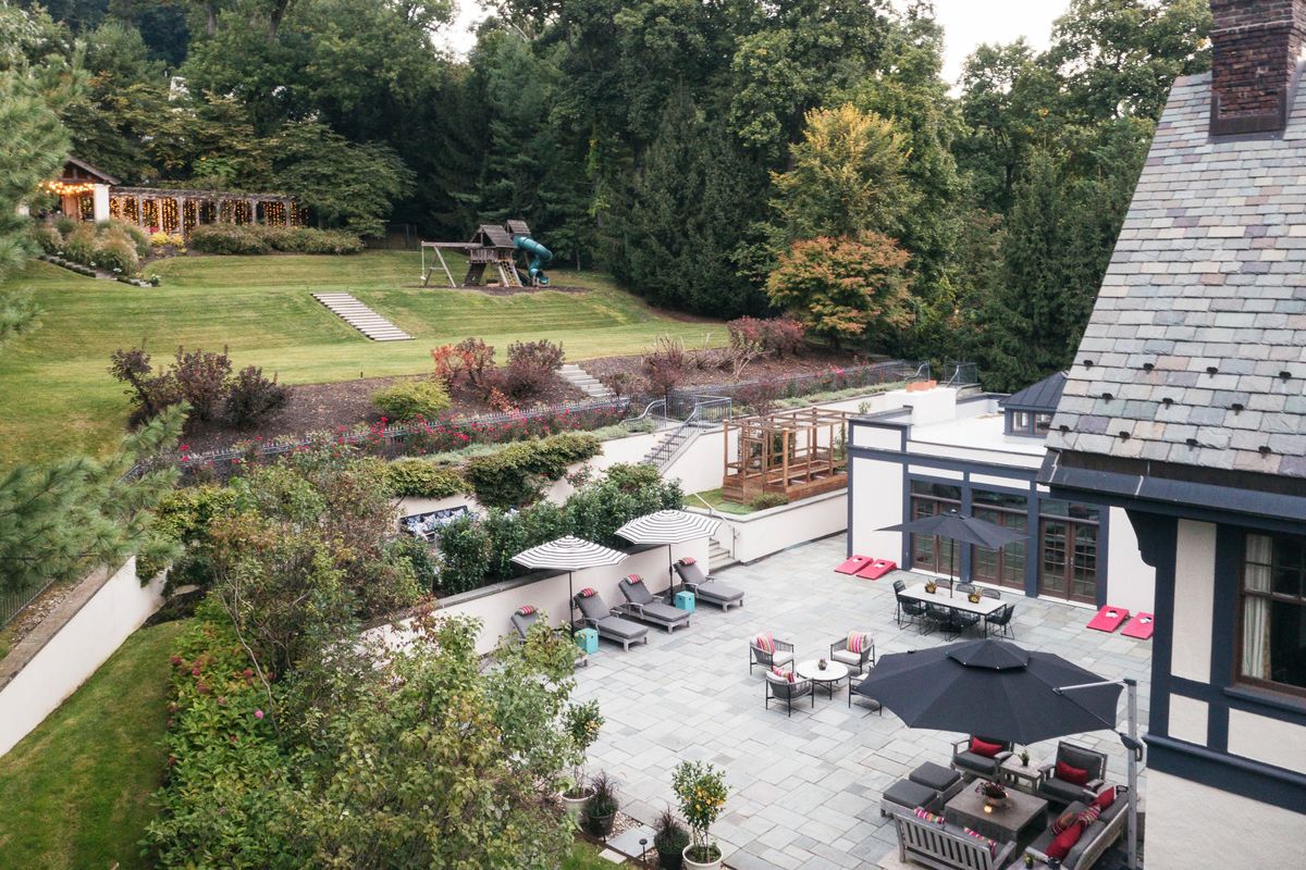 Elevated view of the patio, lawns and garden terraces at 184 Upper Mountain Avenue